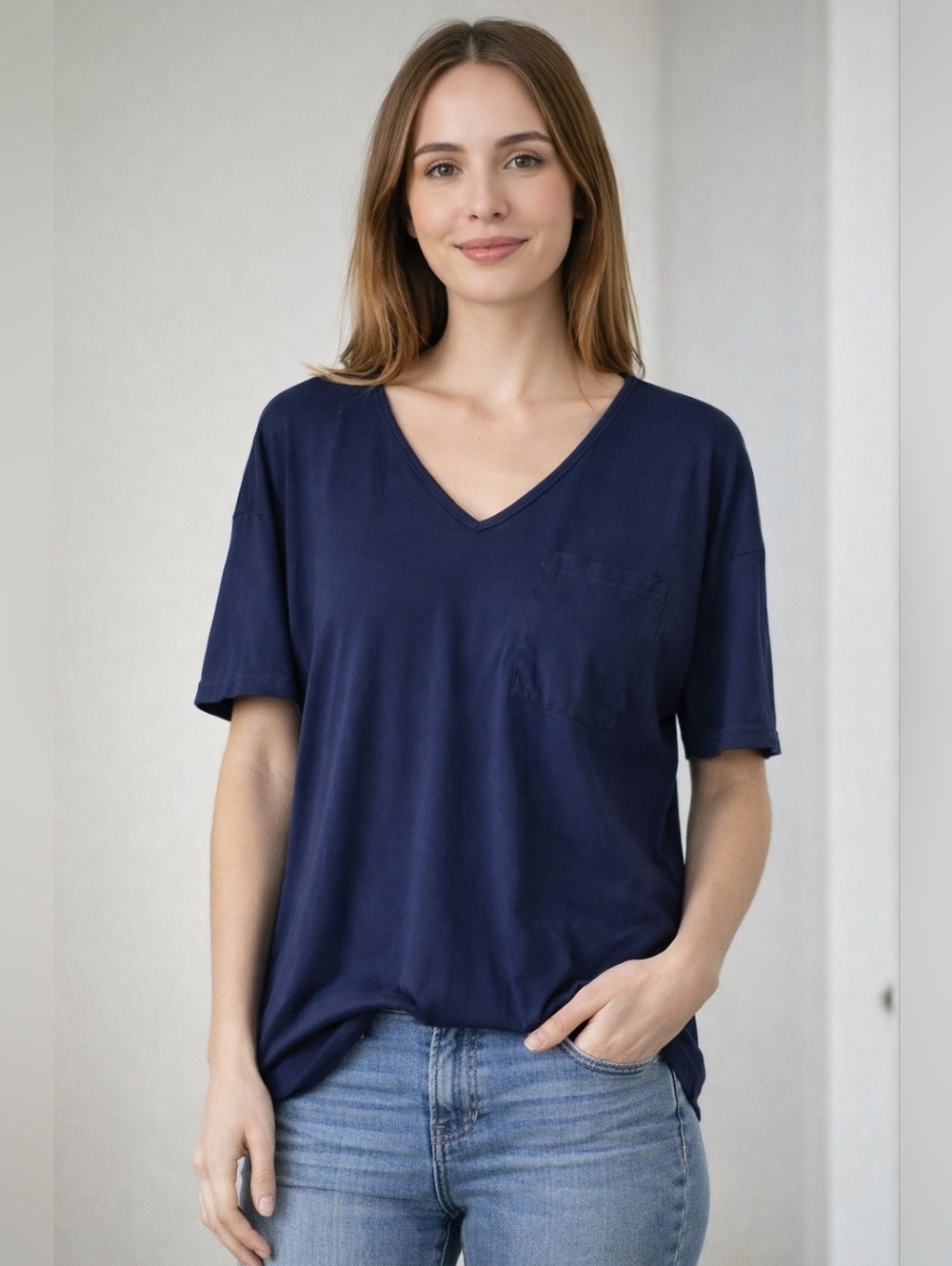 Navy Blue V-Neck Casual Tee 2XL Relaxed Fit